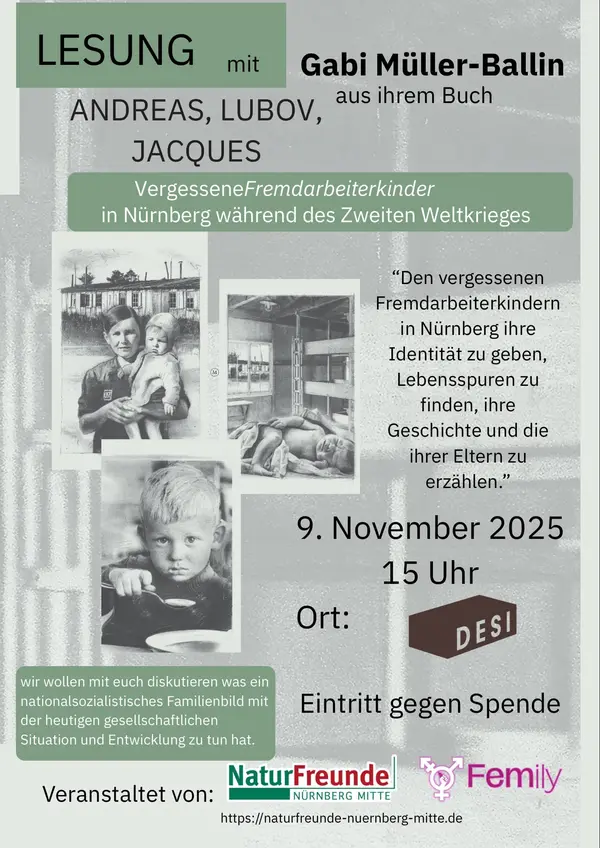 Titelbild Lesung und Diskussion: Gabi Müller-Ballin Andreas, Lubov, Jacques – Vergessene Fremdarbeiterkinder in Nürnberg während des Zweiten Weltkrieges